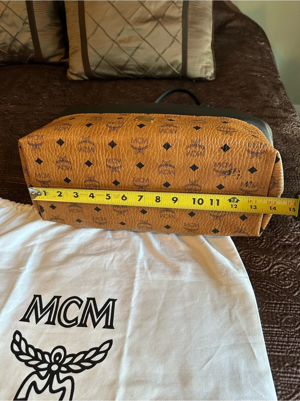MCM Visetos Tote with Black and Cognac Leather Detailing